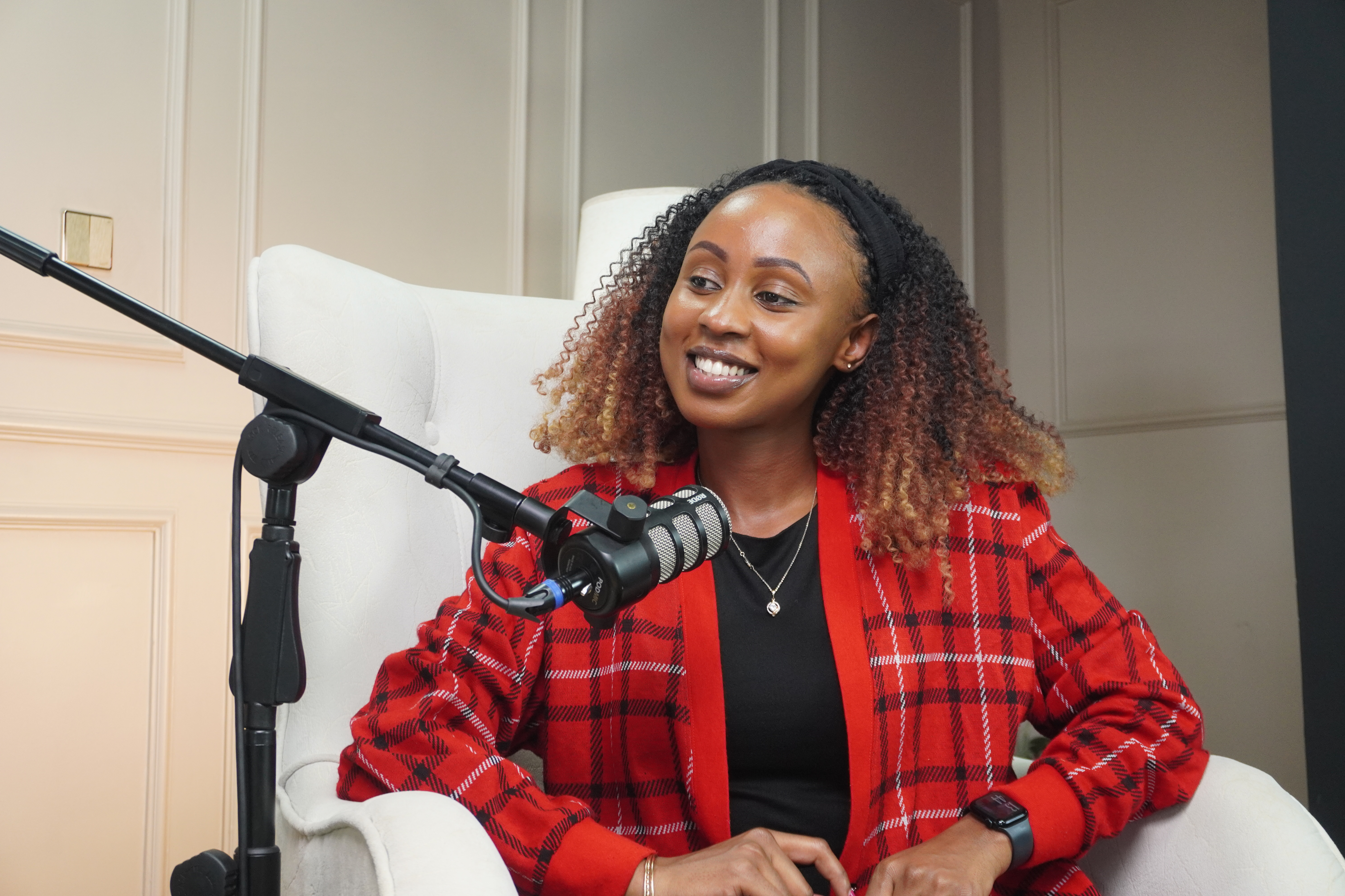 Joy Mido in conversation on the podcast set